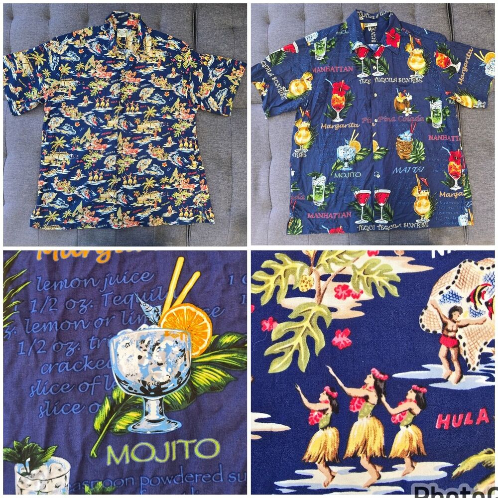 Go Barefoot Hawaiian Shirt XL Tropical Cocktail Hula Made In USA Aloha Lot Of 2